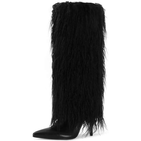 Women's Fur Black Pointed Toe Fold Over Wide Calf Knee High Heel Boots - Picture 6 of 6